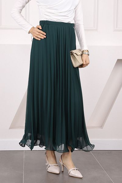 İmajButik Σμαραγδένια Πράσινη Μέση Ελαστική Πλισέ Φούστα Σιφόν