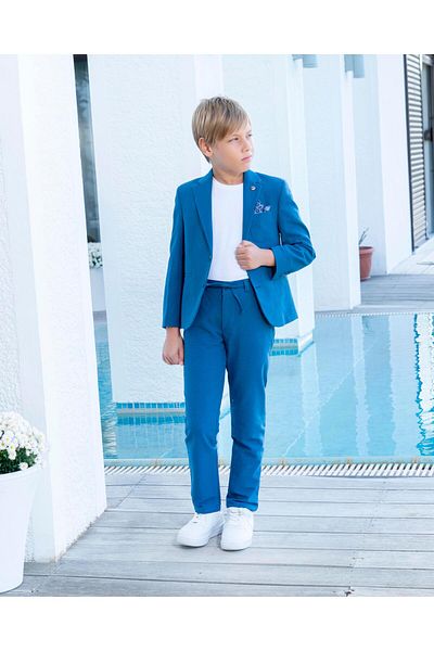 BUTİKHAPPYKİDS Boy's Indigo Suit Linen Sport Suit Jacket Pants T-Shirt 3-14 Years