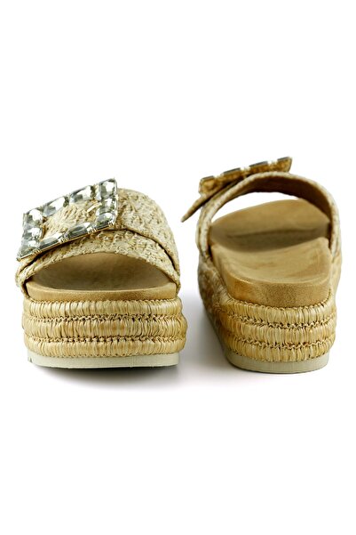 Erkan Saçmacı Beige Fixed Single Band Crystal Stone Decorated Straw Textured Wedge Heeled Slippers