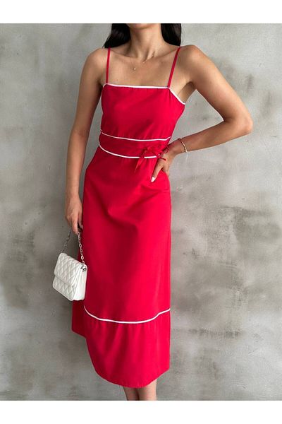 Cistern İstanbul Women's Red Waist Lace Detailed Strappy Summer Dress