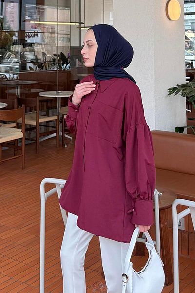 lamelif Cămașă oversize cu mâneci cu șireturi Roșu Claret