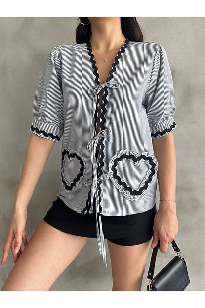 Cistern İstanbul Women's Black Heart Detailed Front Lace up Striped Shirt