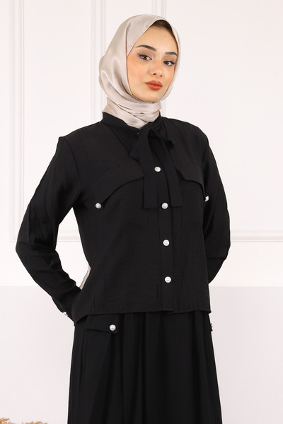 İmajButik Black Collar Tie Shirt Skirt Suit