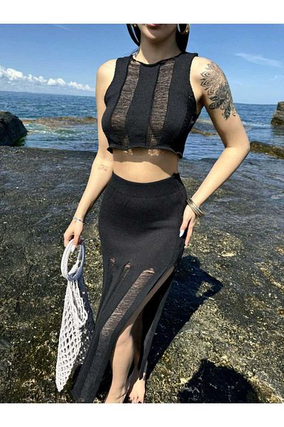 Cistern İstanbul Women's Black Rope Detailed Summer Knitwear Blouse Skirt Double Set