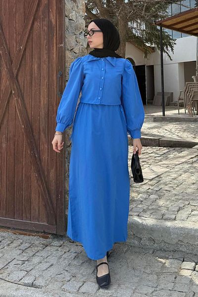 lamelif Blue Terikoton Hijab Double Set