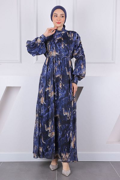 İmajButik Φόρεμα σιφόν με μανίκια με μπλε ναυτικό σχέδιο