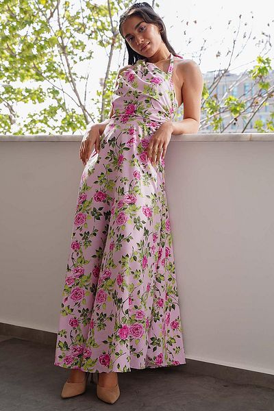 Madmext Ροζ Μαζευμένο Μπροστινό Floral Μακρύ Φόρεμα MG2363