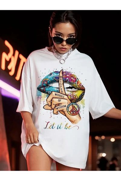 PENTHİLUS Casual Graphic Print T-Shirt for Women - with Glossy Lips and Peace Sign Design,