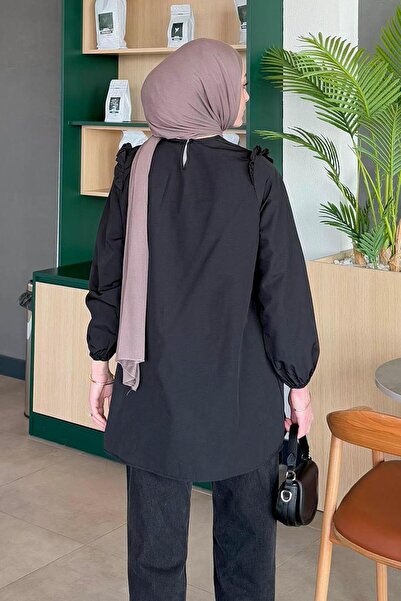 lamelif Black Crew Neck Shoulder Ruffle Tunic