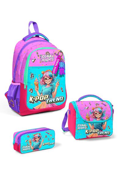 Coral High Set de 3 genți de școală cu model K-Pop roz turcoaz pentru copii SET0114427