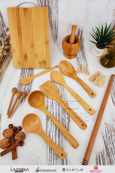 MONTESEV Wooden Wooden Spoon Kitchen Spoon Set Rolling Pin 18 Pieces Beech, Boxwood and Bamboo Wood Wooden Spoons
