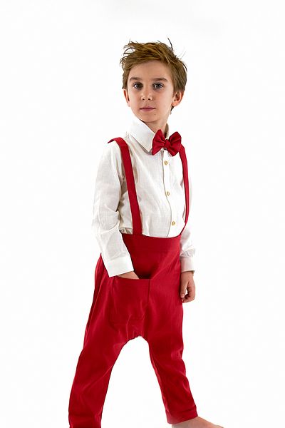Catz Kids Red Gabardine Harem Salopet + Cream Linen Shirt + Bow Tie