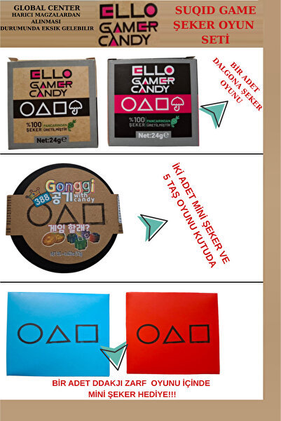 Squid Game Ddakjı Zarf 1 AD, Şeker Oyunu 1 AD, Beş Taş Oyun 1 Adet ( 3'lü Set )