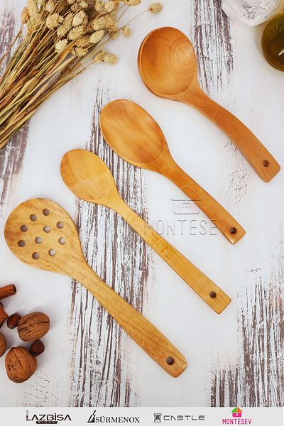 MONTESEV Wooden Wooden Kitchen Spoon Set 4 Pieces Beech, Boxwood and Bamboo Wood Spoons
