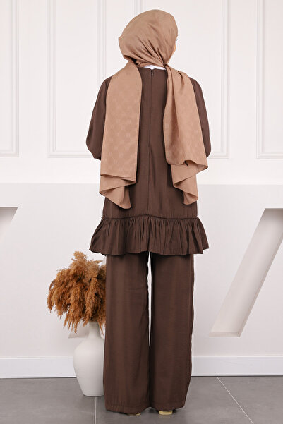 İmajButik Brown Ruffle Detailed Tunic Trousers Suit