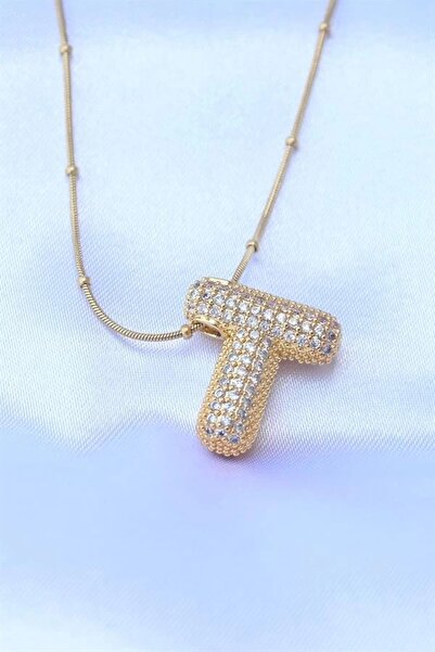 Genel Markalar 316L Çelik Zincirli Zirkon Taşlı T Harfli Gold Renk Bubble Kolye