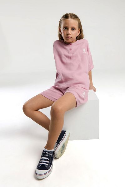 U.S. Polo Assn. Girl's 100% Cotton Soft Fabric Button Collar Shorts Blouse Set of Two
