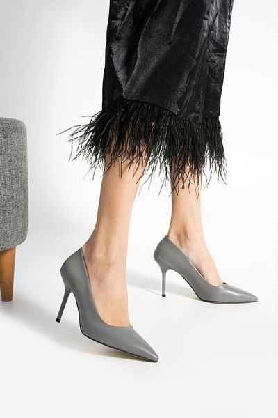 Güllü Shoes Gray 9cm Vegan Leather Thin Heeled Stiletto |   Influential Elegance! For Graduation Wedding Office