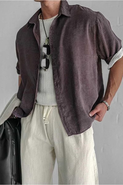 ablukaonline Cămașă oversize pentru bărbați, spălată, cu mânecă scurtă, maro