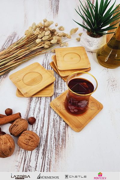 MONTESEV Wooden Tea Plate Set of 6 Glasses Cup Mug Saucer (SQUARE)