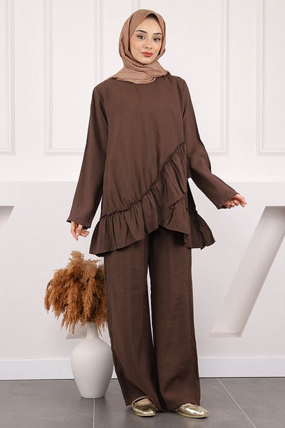 İmajButik Κοστούμι παντελόνι με λεπτομέρεια καφέ βολάν