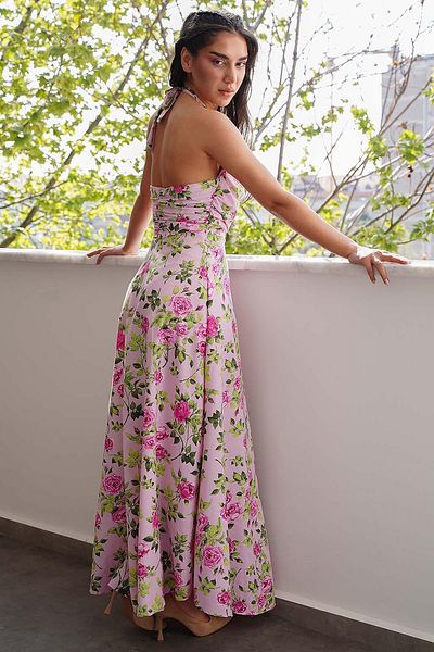 Madmext Ροζ Μαζευμένο Μπροστινό Floral Μακρύ Φόρεμα MG2363