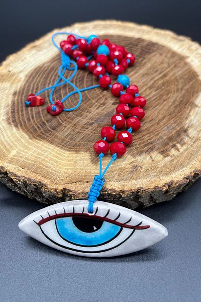 Balzamin Design Ceramic Evil Eye Necklace Adjustable Necklace with Turquoise Natural Stone, Coral Detail, Crystal Beads