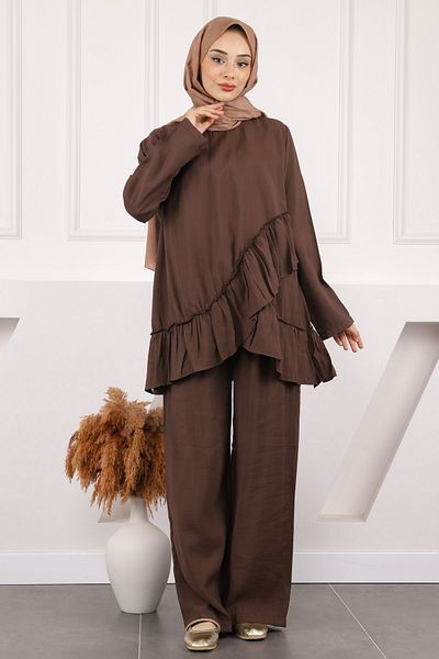 İmajButik Κοστούμι παντελόνι με λεπτομέρεια καφέ βολάν