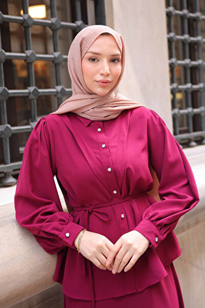İmajButik Burgundy Waist Belted Shirt Skirt Suit