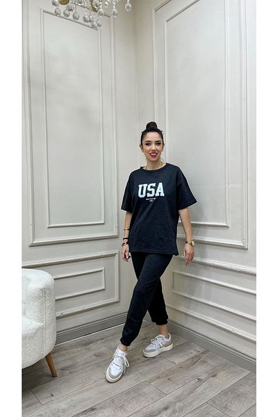 Sweetline Μπλουζάκι ΗΠΑ Φούτερ Jogger - Λευκό εμπριμέ ανθρακί αθλητική φόρμα Oversize Crew Neck
