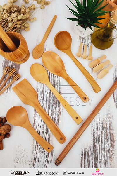 MONTESEV Wooden Wooden Kitchen Spoon Set Rolling Pin 17 Pieces Beech, Boxwood and Bamboo Wood Spoons