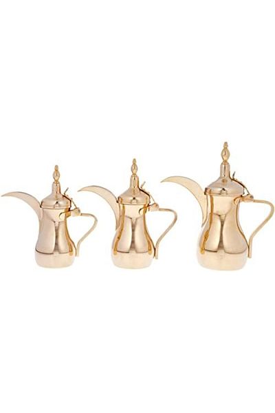 ALSAIF Saif Dallah Set 32/26/48 oz with elegant traditional design, ideal for preparing and serving coffee, gold color
