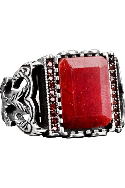 KAMBO 925 Ayar Gümüş Erkek Yüzük Doğal Yakut Taşı - Şık Kırmızı Taş Yüzük