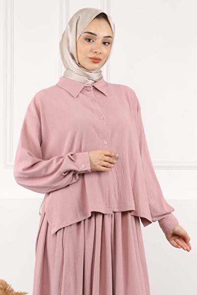 İmajButik Dusty Rose Front Short Back Long Shirt Skirt Wrap Suit