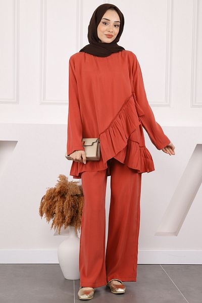 İmajButik Tile Ruffle Detailed Tunic Trousers Suit