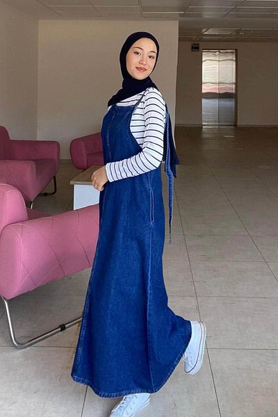 lamelif Τζιν Φόρεμα Salopet με λουράκι σκούρο μπλε