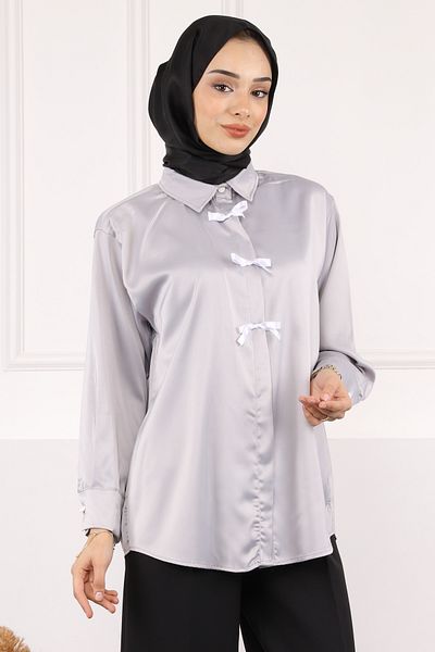 İmajButik Γκρι σατέν πουκάμισο με φιόγκο