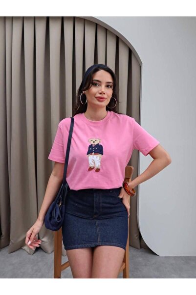 Kadın Bisiklet Yaka Ayıcık Baskılı T-shirt