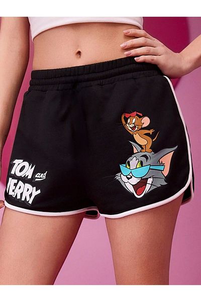 DUBU BUTİK Black Slit and White Piping Tom and Jerry Printed Bermuda Shorts