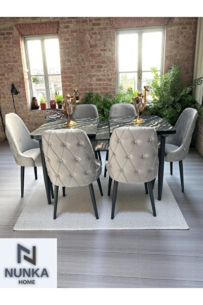 NUNKA HOME Kelebek Lunda Masa Takımı +6'lı Açık Gri Baby Face Sandalye Modern Yemek Odası Seti