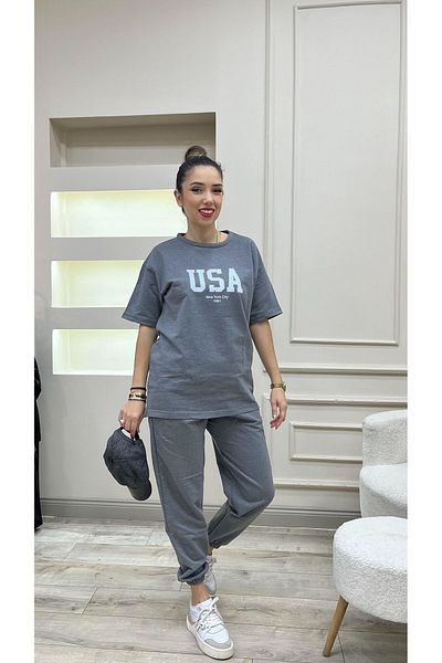 Sweetline Μπλουζάκι ΗΠΑ Φούτερ Jogger - Λευκό εμπριμέ καπνιστή αθλητική φόρμα Oversize Crew Neck