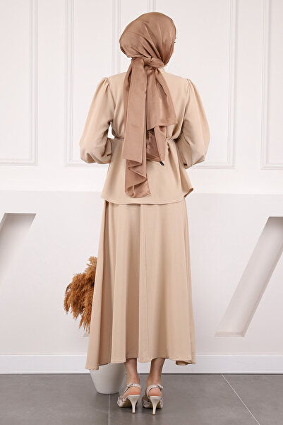 İmajButik Beige Waist Belted Shirt Skirt Suit