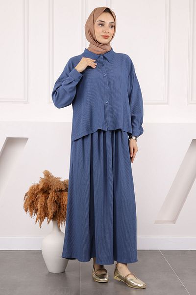 İmajButik مجموعة تنورة قميص طويلة من Indigo من الأمام وقصيرة من الخلف