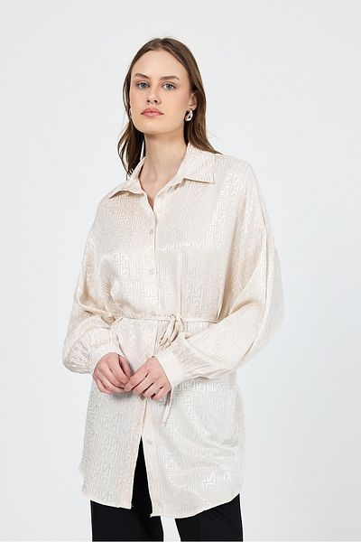Rays Stone Patterned Satin Look Rope Lacing Detailed Shirt 4293A
