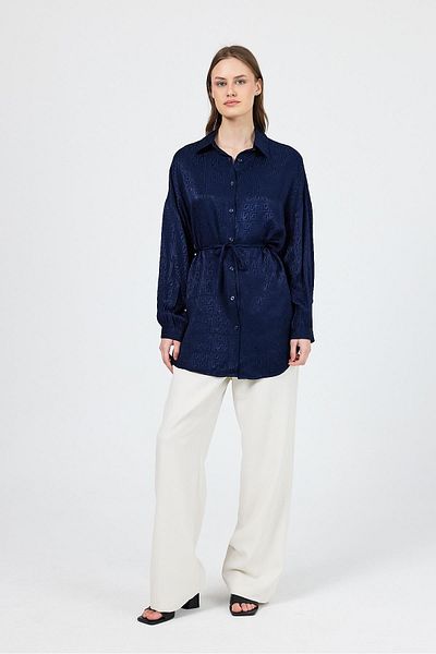 Rays Navy Blue Patterned Satin Look Rope Lacing Detailed Shirt 4293A