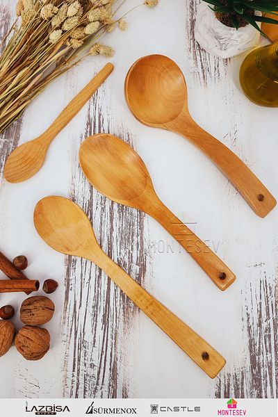 MONTESEV Wooden Wooden Kitchen Spoon Set 4 Pieces Beech, Boxwood and Bamboo Wood Spoons