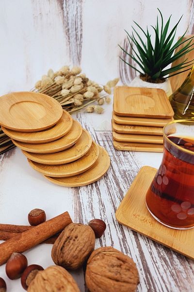 MONTESEV Wooden Tea Plate Set of 12 Glasses Cup Mug Saucer (Round - Square)