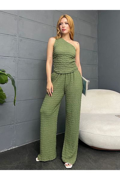 Cistern İstanbul Women's Green One Shoulder Detailed Textured Blouse Pants Double Set