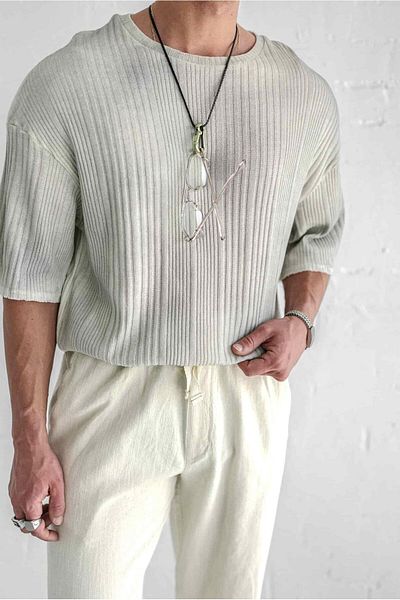 ablukaonline Ανδρικό μπλουζάκι με μοτίβο Super Oversize Μπεζ