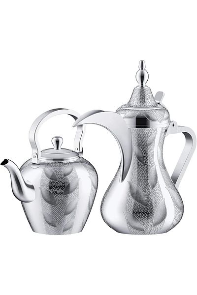 ALSAIF Taima 2-pieces Stainless Steel Arabic Coffee Dallah And Tea Kettle Set,colour: Chrome